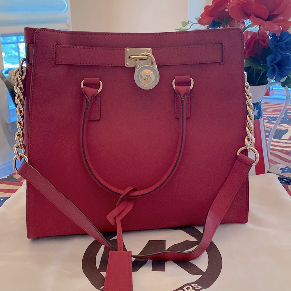 Used once red saffiano leather Michael Kors Hamilton bag, large.